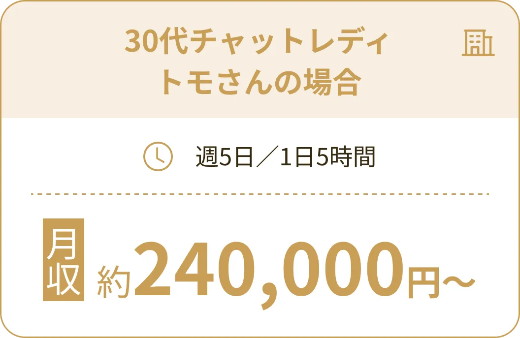 30代チャットレディ トモさんの場合 週5日／1日5時間 月収約240,000円〜